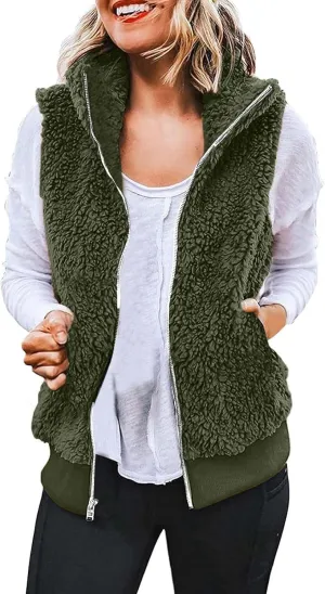 Women Plush Hooded Coats Lightweight Vest Coat Winter Outwear Zip Up Fleece Sleeveless Jacket with Pockets