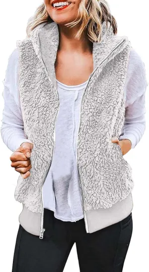 Women Plush Hooded Coats Lightweight Vest Coat Winter Outwear Zip Up Fleece Sleeveless Jacket with Pockets