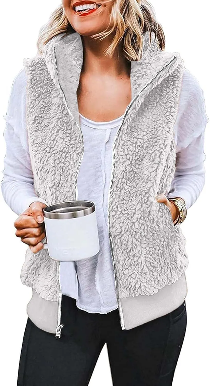 Women Plush Hooded Coats Lightweight Vest Coat Winter Outwear Zip Up Fleece Sleeveless Jacket with Pockets