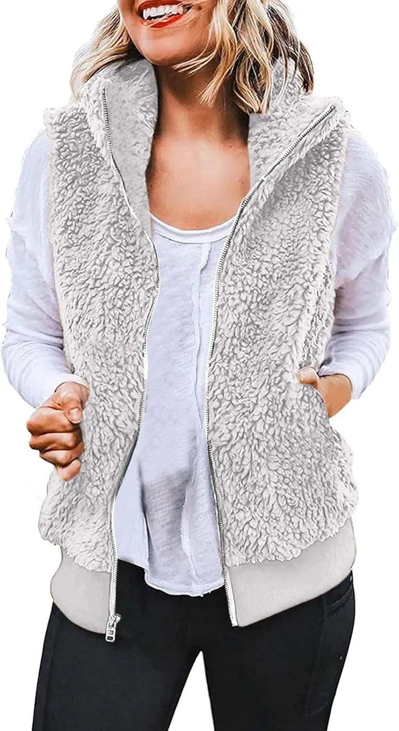 Women Plush Hooded Coats Lightweight Vest Coat Winter Outwear Zip Up Fleece Sleeveless Jacket with Pockets