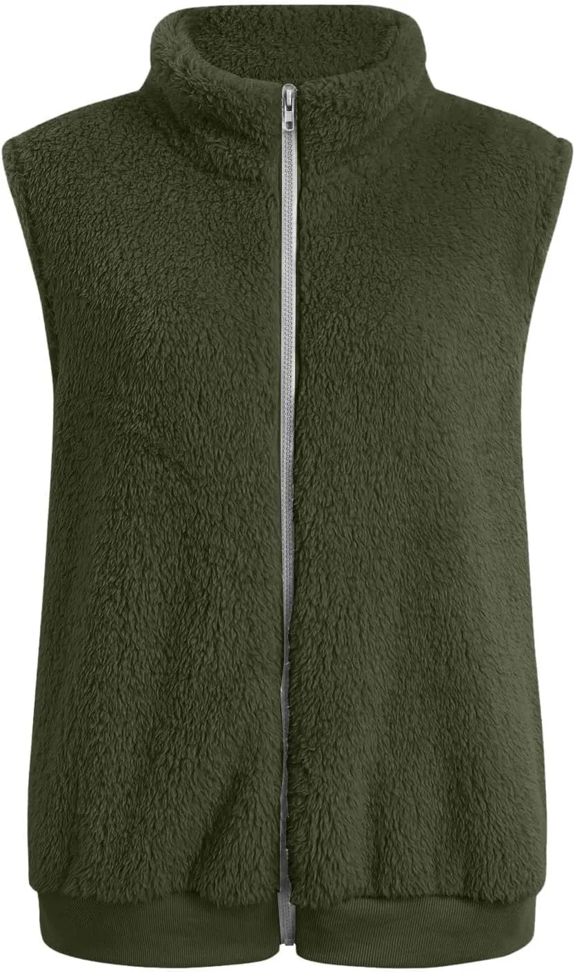 Women Plush Hooded Coats Lightweight Vest Coat Winter Outwear Zip Up Fleece Sleeveless Jacket with Pockets