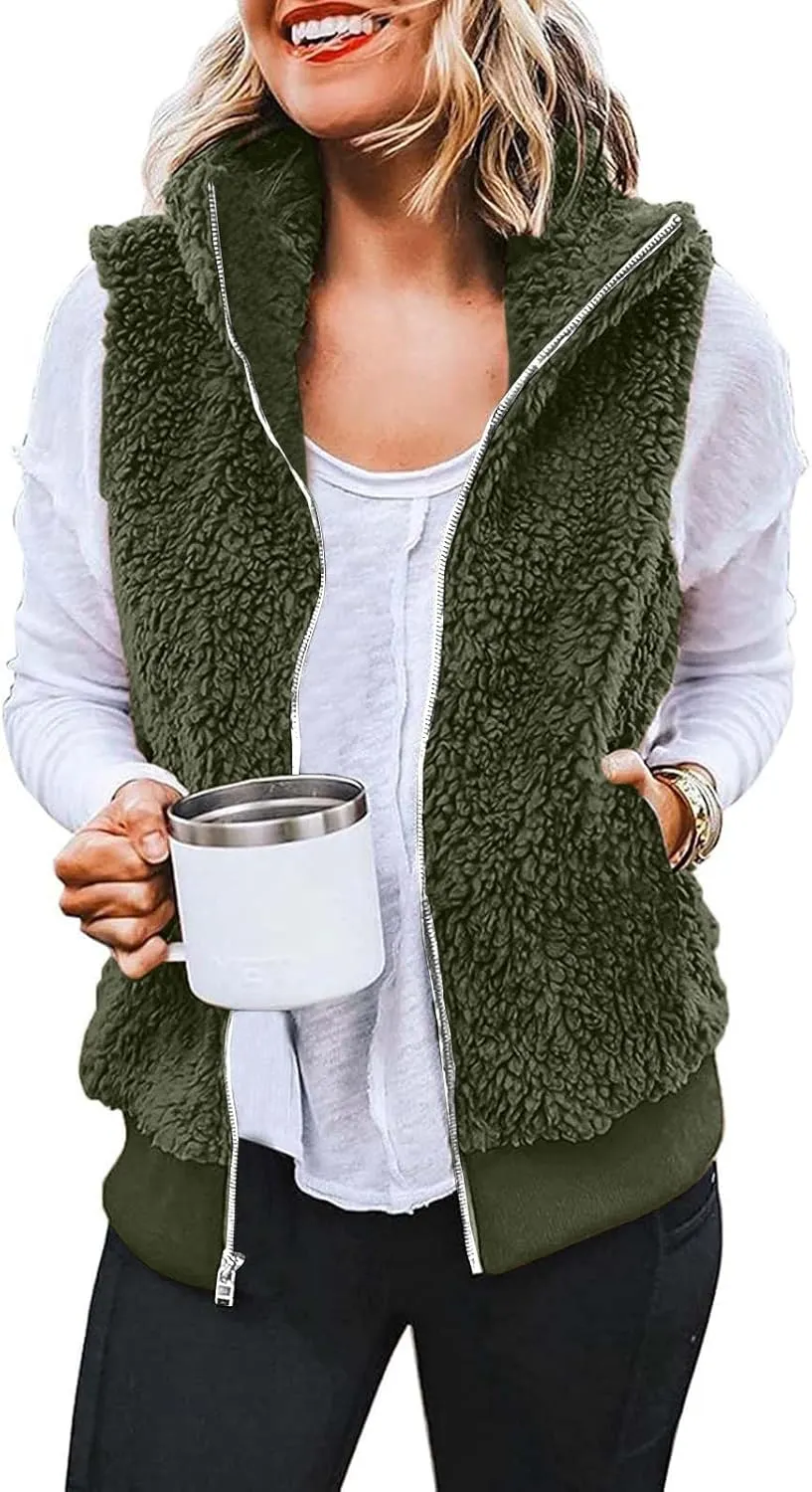 Women Plush Hooded Coats Lightweight Vest Coat Winter Outwear Zip Up Fleece Sleeveless Jacket with Pockets