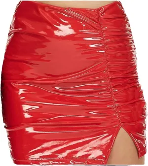 Women Shiny Latex Leather Pleated Skirts Mini Bodycon Folds Pencil Skirts Short PU Skirts
