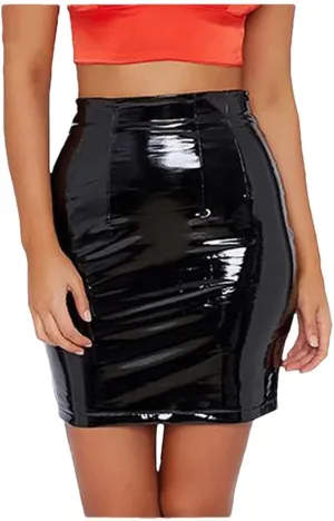 Women Shiny Latex Leather Pleated Skirts Mini Bodycon Folds Pencil Skirts Short PU Skirts