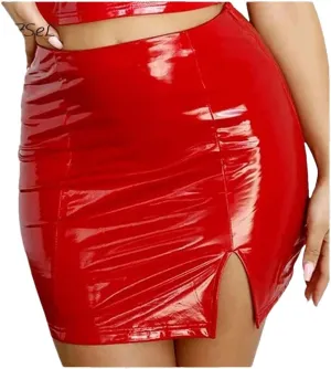Women Shiny Latex Leather Pleated Skirts Mini Bodycon Folds Pencil Skirts Short PU Skirts