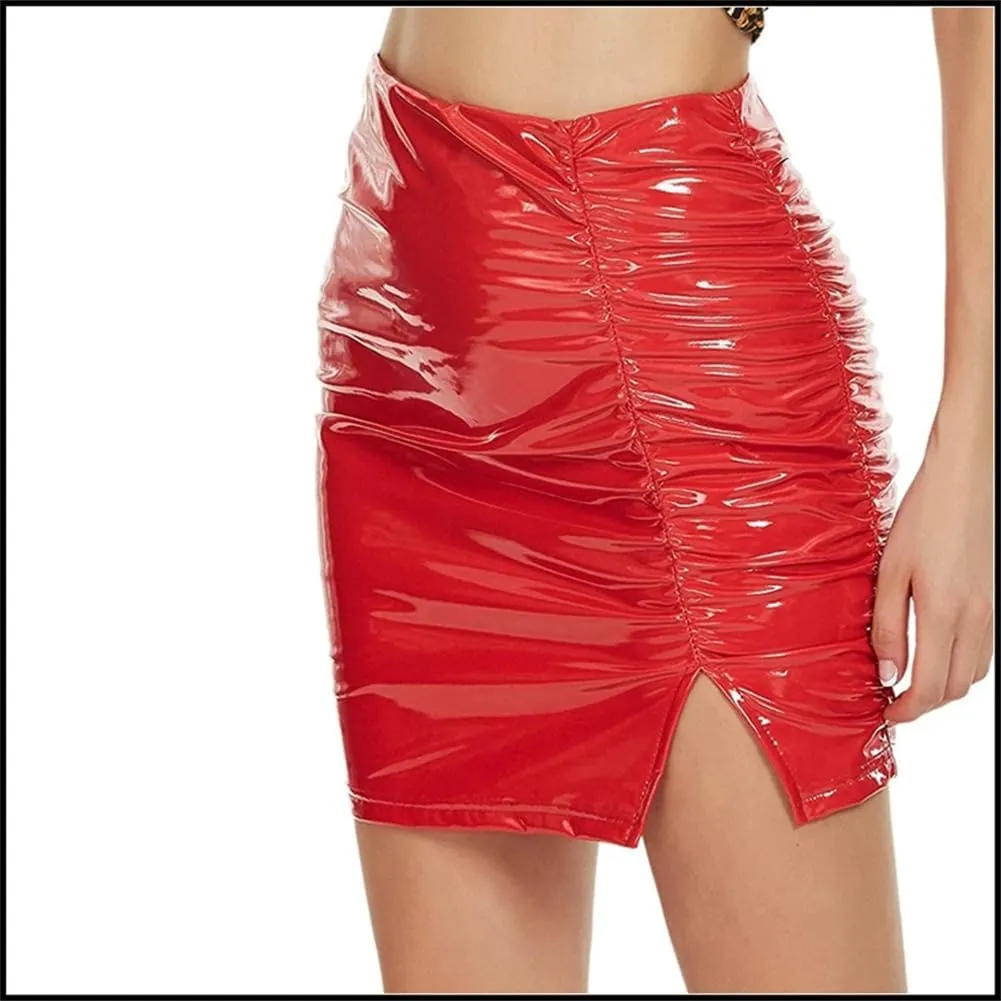 Women Shiny Latex Leather Pleated Skirts Mini Bodycon Folds Pencil Skirts Short PU Skirts