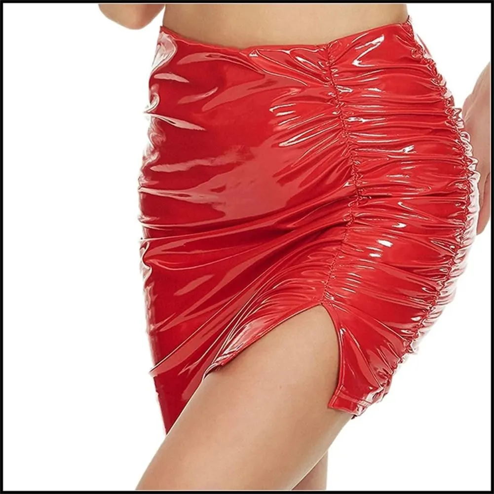Women Shiny Latex Leather Pleated Skirts Mini Bodycon Folds Pencil Skirts Short PU Skirts