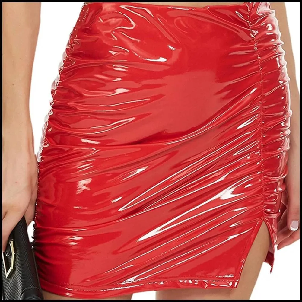 Women Shiny Latex Leather Pleated Skirts Mini Bodycon Folds Pencil Skirts Short PU Skirts