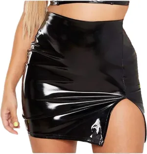 Women Shiny Latex Leather Pleated Skirts Mini Bodycon Folds Pencil Skirts Short PU Skirts