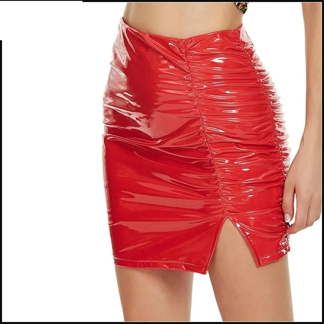 Women Shiny Leather Pleated Skirts Mini Bodycon Folds Pencil Skirts Pu Hems Side Split Skirts