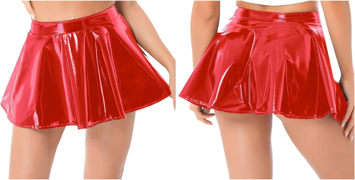 Women Shiny Metallic Skater Flared Skirts High Waist Ballet Dance Skirts Pleated Mini Skirts