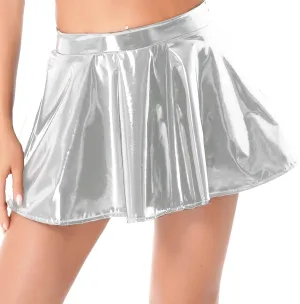 Women Shiny Metallic Skater Flared Skirts High Waist Ballet Dance Skirts Pleated Mini Skirts
