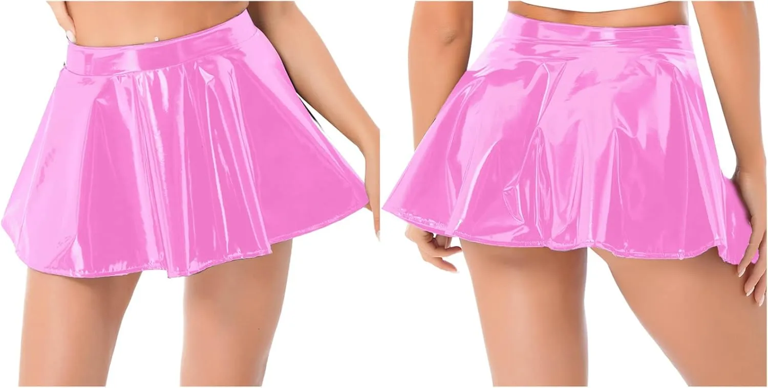 Women Shiny Metallic Skater Flared Skirts High Waist Ballet Dance Skirts Pleated Mini Skirts
