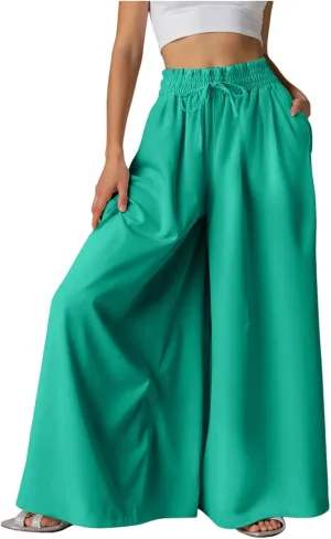 Women Summer Beach Vacation Pants High Waisted Wide Leg Pants Printed Loose Flowy Casual Palazzo Lounge Trousers