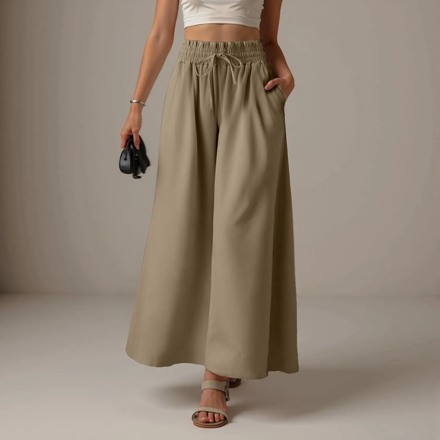 Women Summer Beach Vacation Pants High Waisted Wide Leg Pants Printed Loose Flowy Casual Palazzo Lounge Trousers