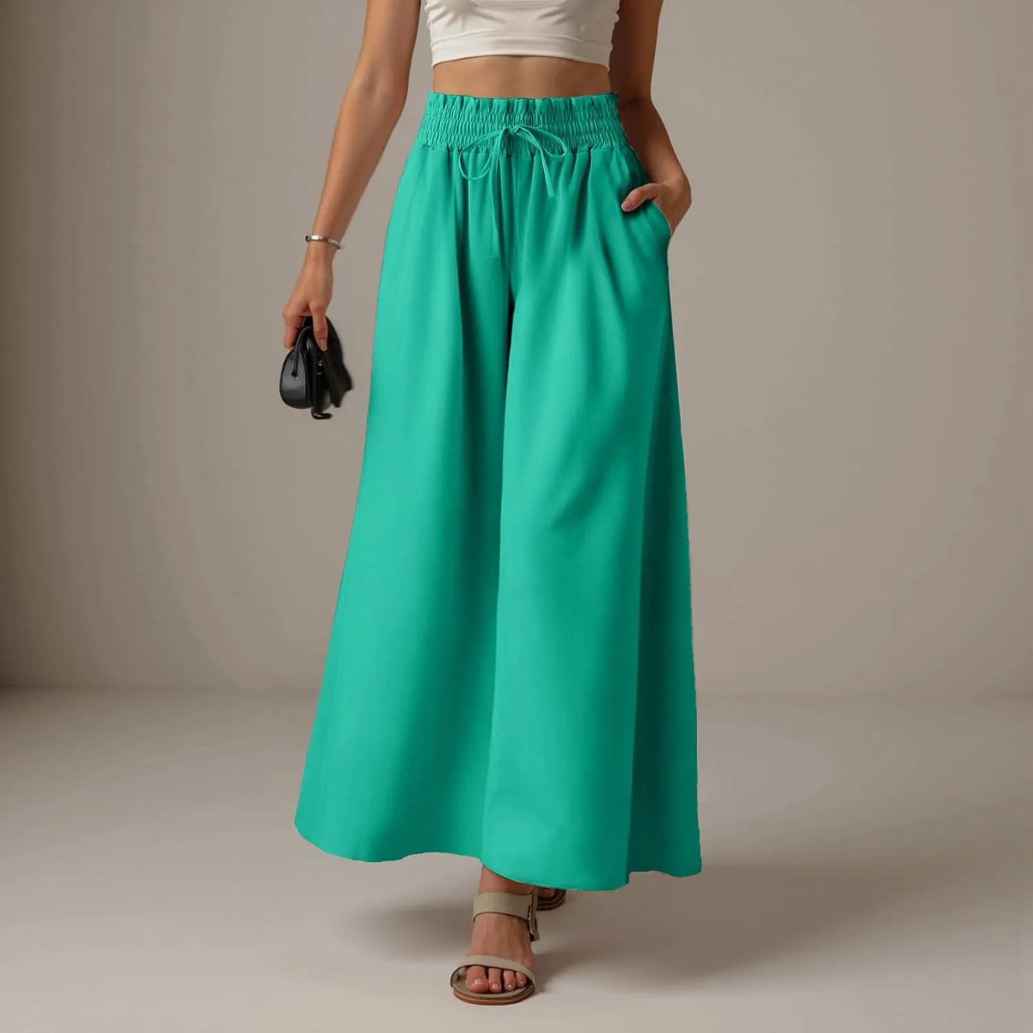 Women Summer Beach Vacation Pants High Waisted Wide Leg Pants Printed Loose Flowy Casual Palazzo Lounge Trousers