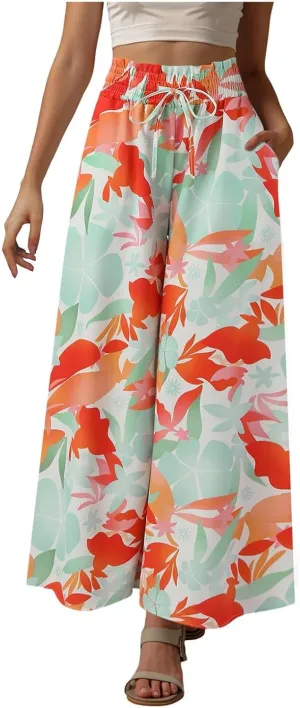 Women Summer Beach Vacation Pants High Waisted Wide Leg Pants Printed Loose Flowy Casual Palazzo Lounge Trousers