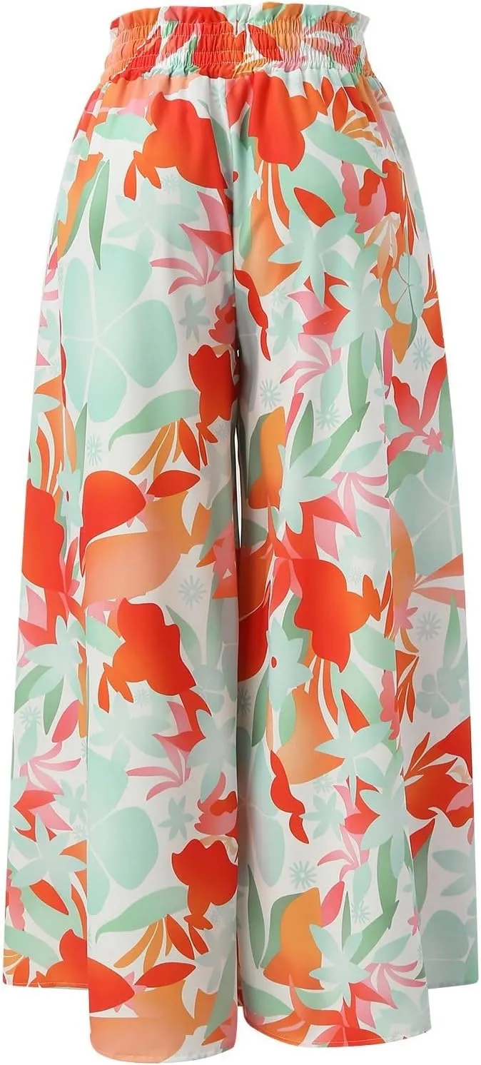 Women Summer Beach Vacation Pants High Waisted Wide Leg Pants Printed Loose Flowy Casual Palazzo Lounge Trousers
