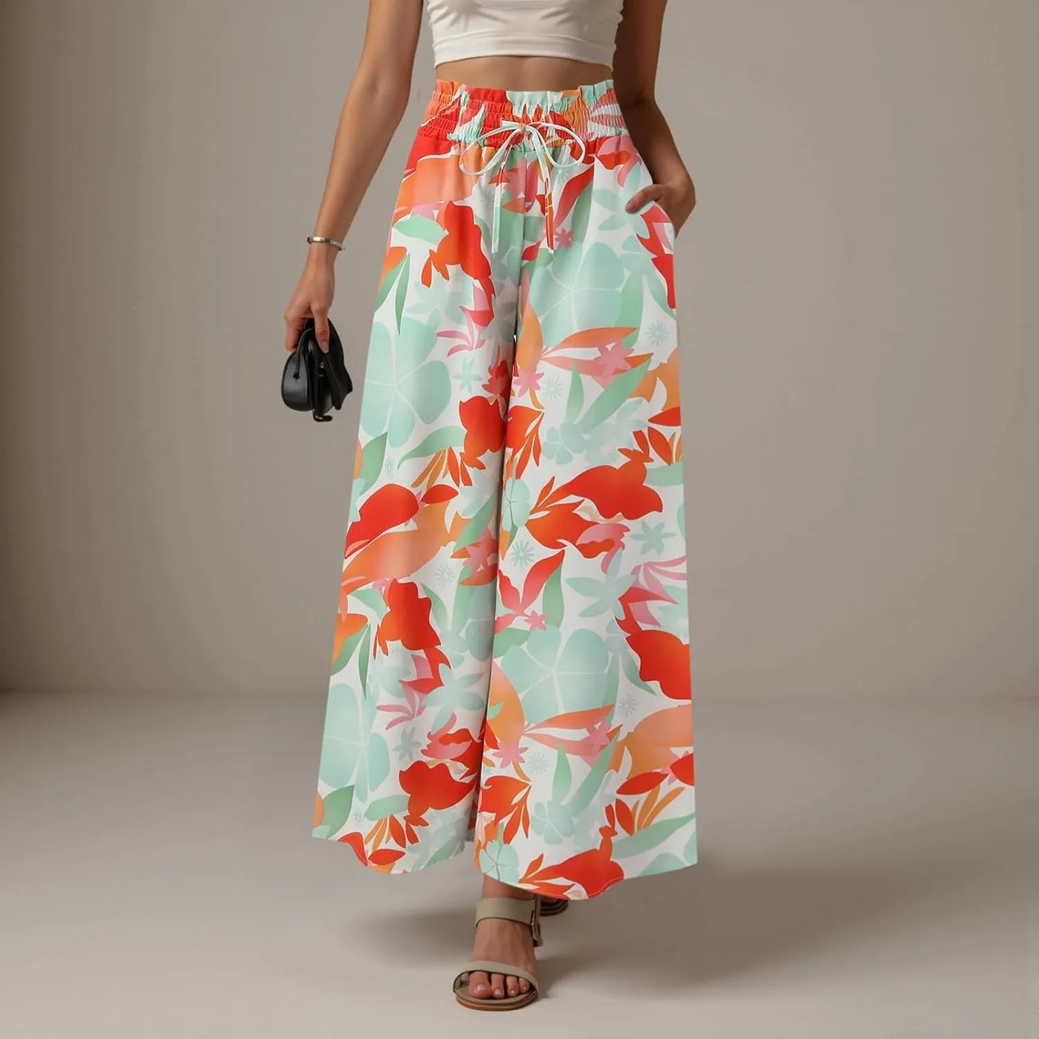 Women Summer Beach Vacation Pants High Waisted Wide Leg Pants Printed Loose Flowy Casual Palazzo Lounge Trousers