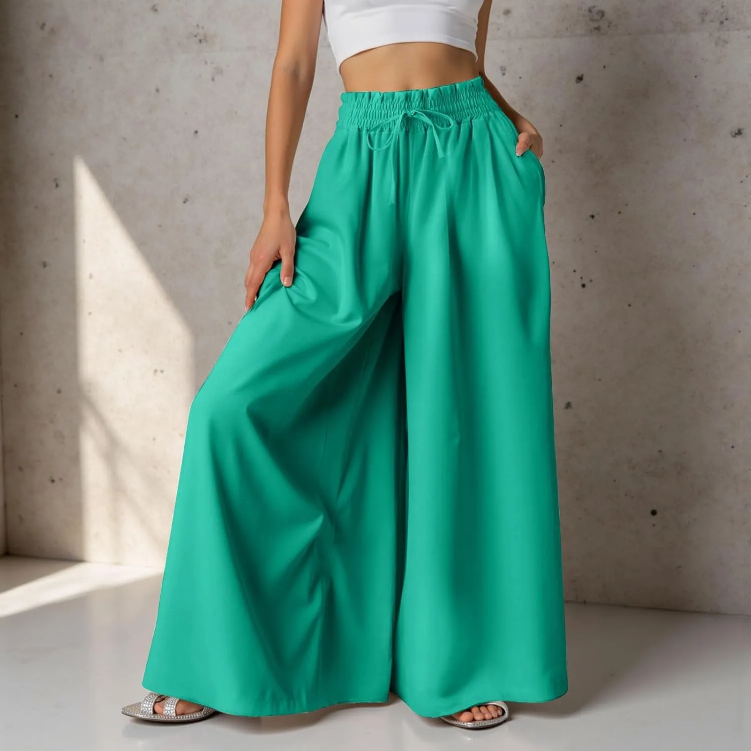 Women Summer Beach Vacation Pants High Waisted Wide Leg Pants Printed Loose Flowy Casual Palazzo Lounge Trousers