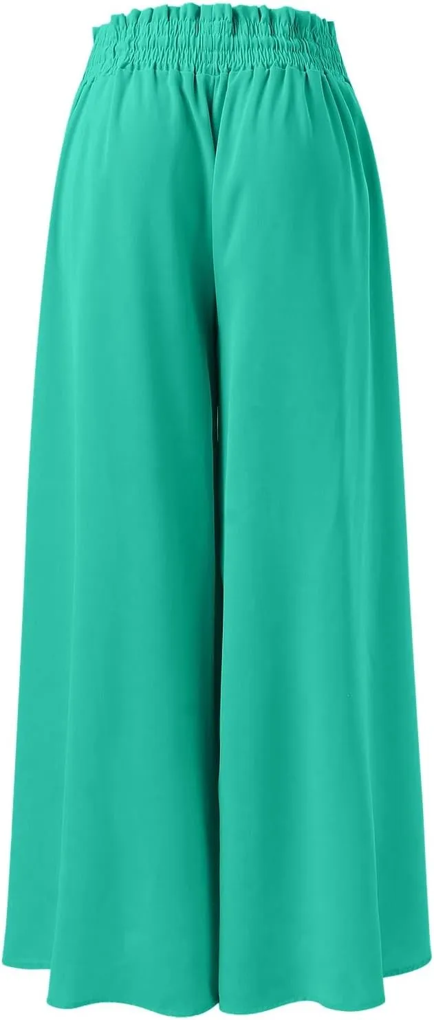 Women Summer Beach Vacation Pants High Waisted Wide Leg Pants Printed Loose Flowy Casual Palazzo Lounge Trousers
