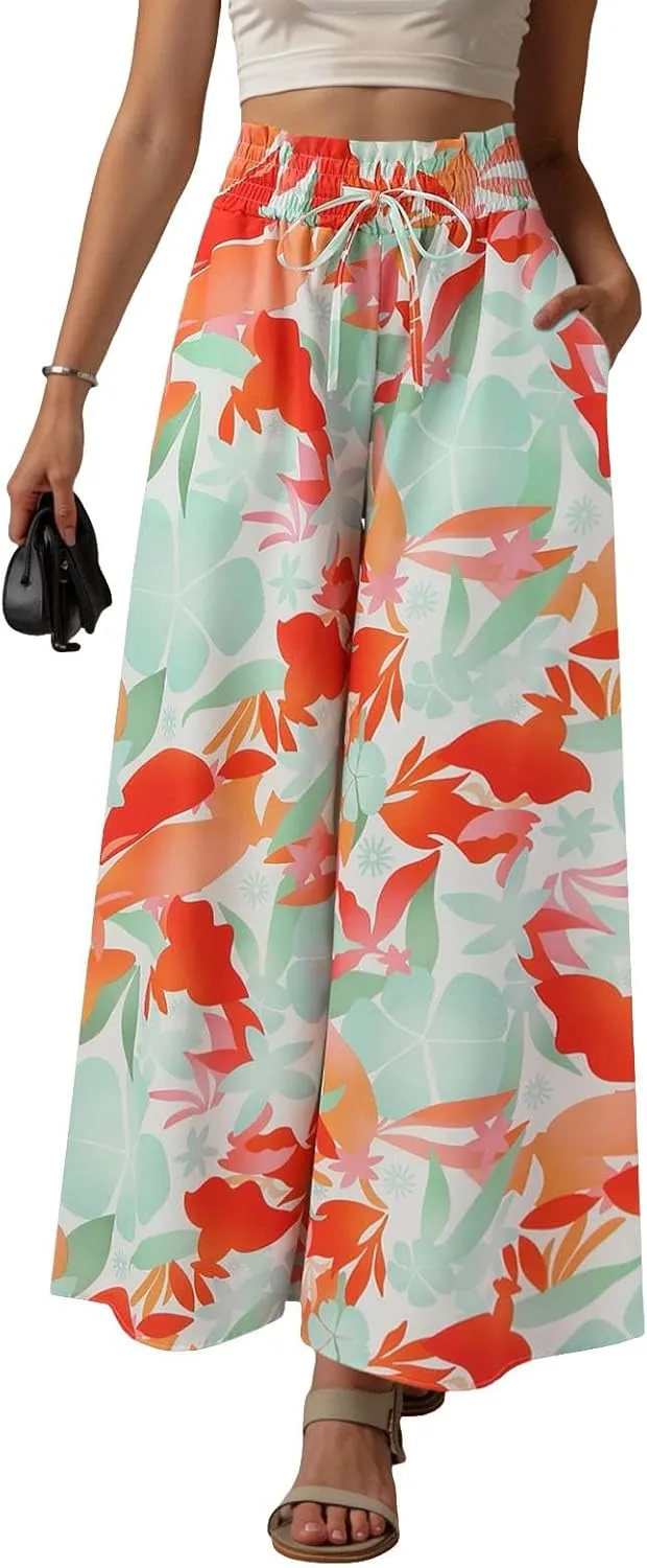 Women Summer Beach Vacation Pants High Waisted Wide Leg Pants Printed Loose Flowy Casual Palazzo Lounge Trousers
