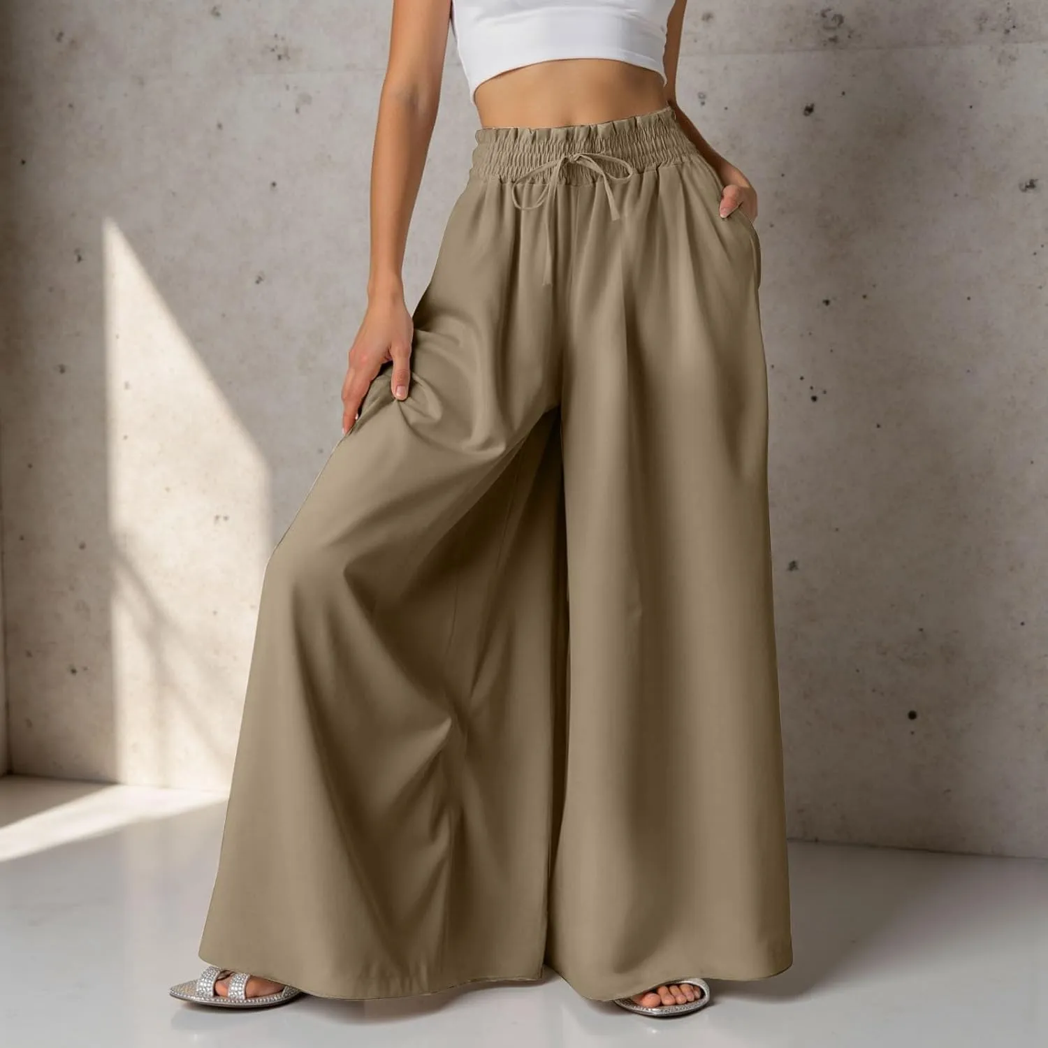 Women Summer Beach Vacation Pants High Waisted Wide Leg Pants Printed Loose Flowy Casual Palazzo Lounge Trousers