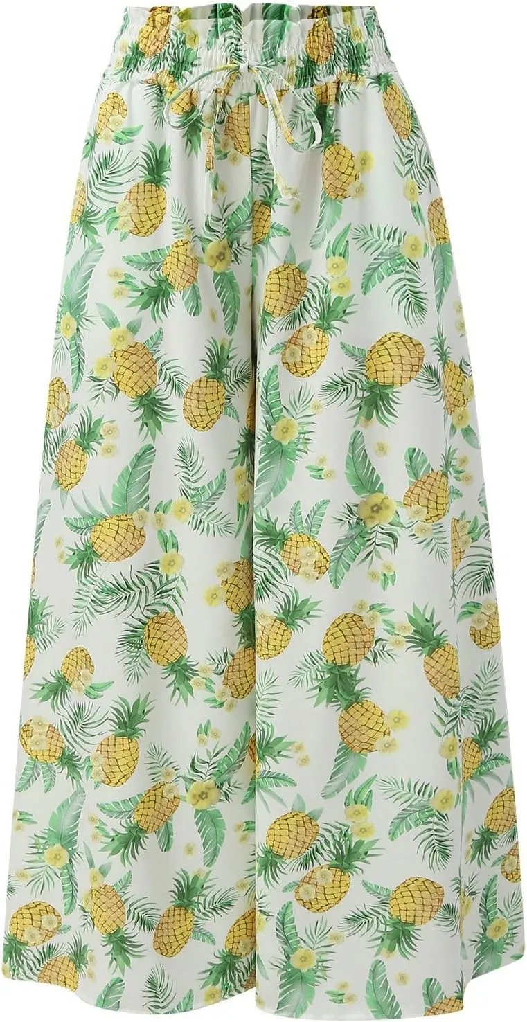 Women Summer Beach Vacation Pants High Waisted Wide Leg Pants Printed Loose Flowy Casual Palazzo Lounge Trousers