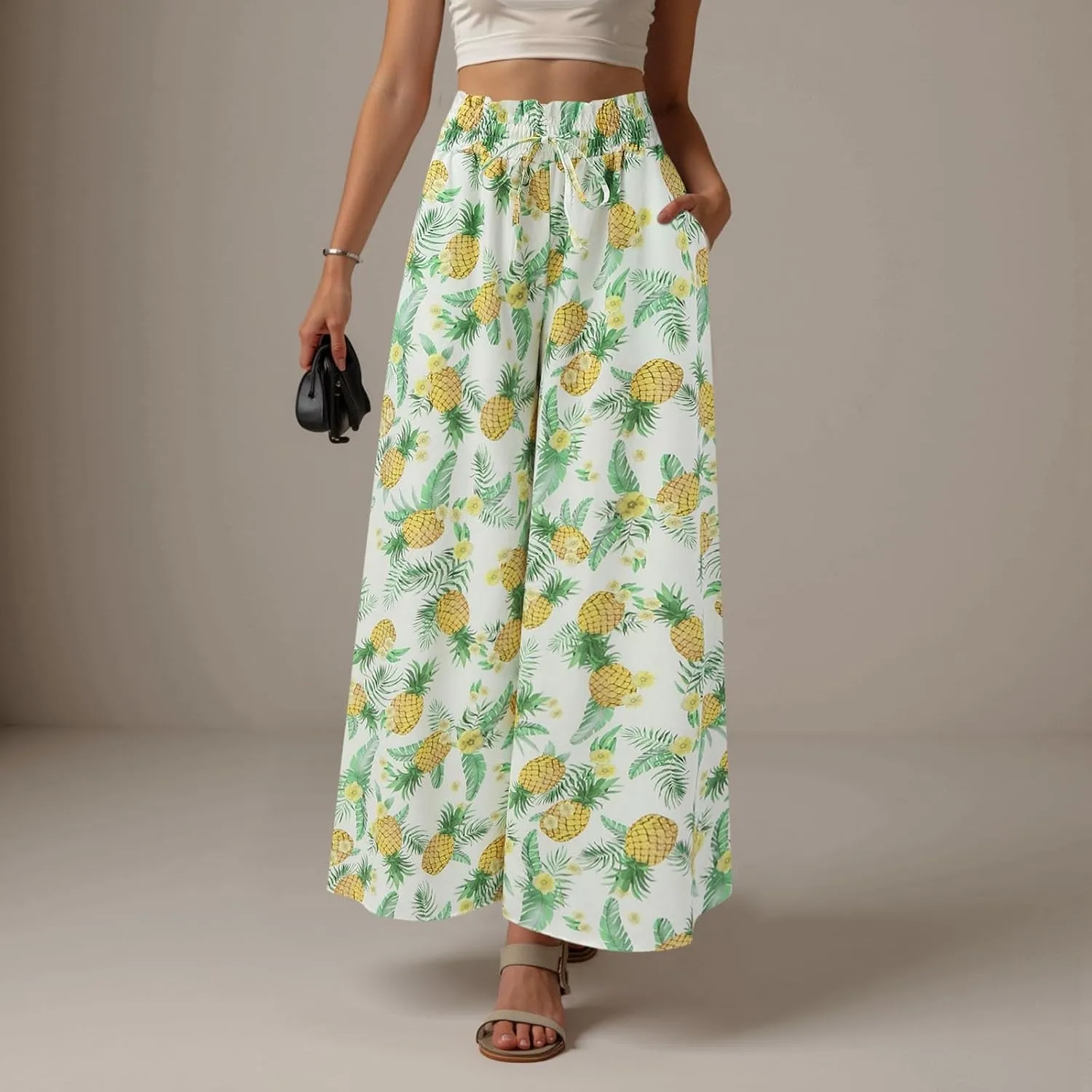 Women Summer Beach Vacation Pants High Waisted Wide Leg Pants Printed Loose Flowy Casual Palazzo Lounge Trousers