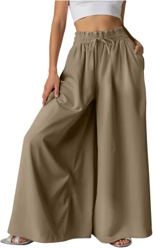 Women Summer Beach Vacation Pants High Waisted Wide Leg Pants Printed Loose Flowy Casual Palazzo Lounge Trousers