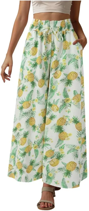 Women Summer Beach Vacation Pants High Waisted Wide Leg Pants Printed Loose Flowy Casual Palazzo Lounge Trousers