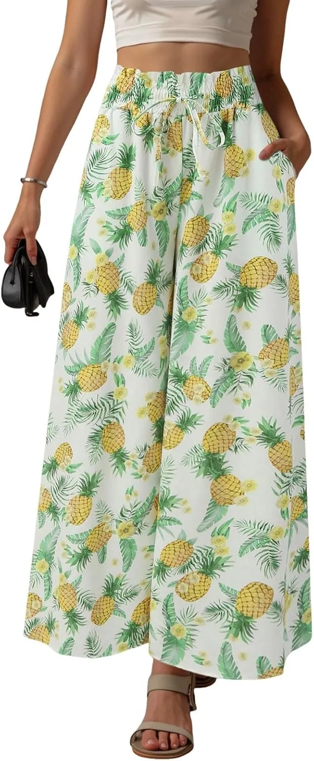 Women Summer Beach Vacation Pants High Waisted Wide Leg Pants Printed Loose Flowy Casual Palazzo Lounge Trousers