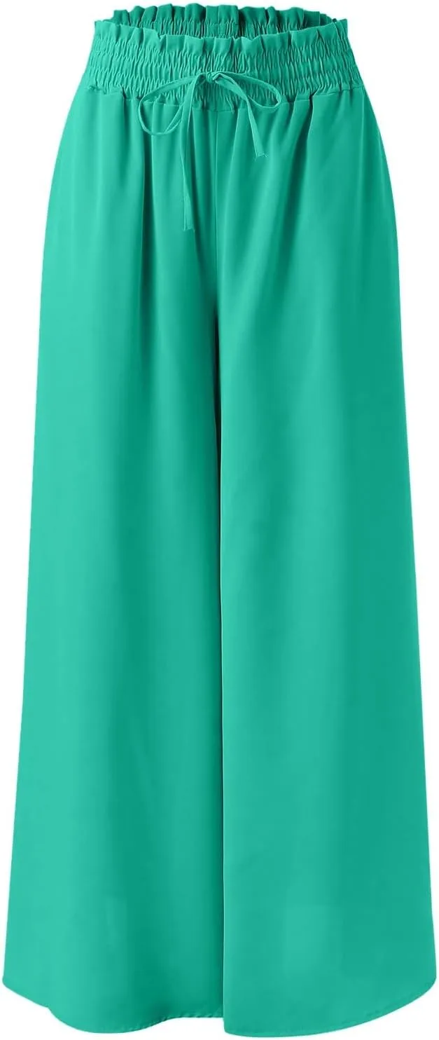 Women Summer Beach Vacation Pants High Waisted Wide Leg Pants Printed Loose Flowy Casual Palazzo Lounge Trousers
