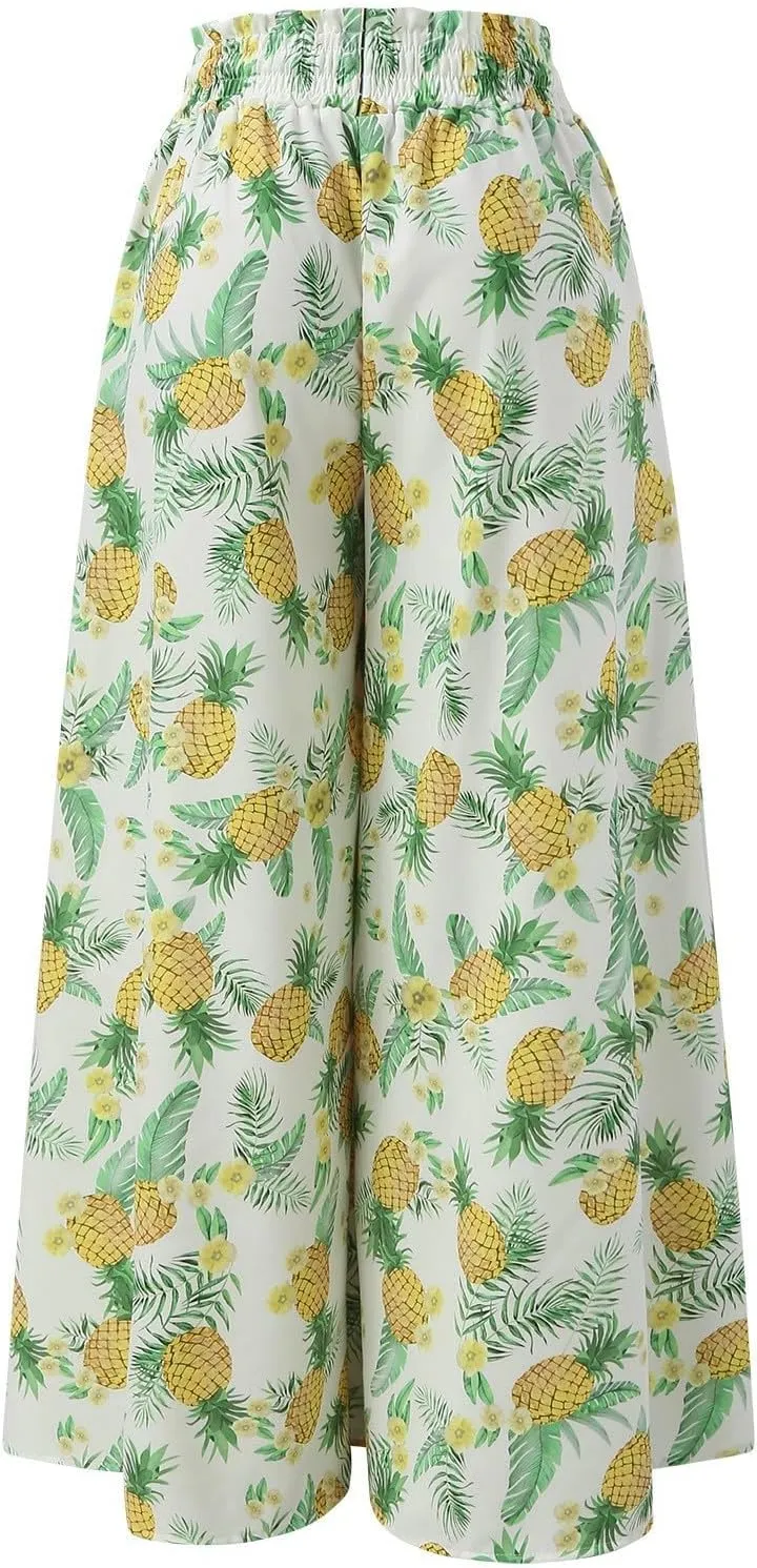 Women Summer Beach Vacation Pants High Waisted Wide Leg Pants Printed Loose Flowy Casual Palazzo Lounge Trousers