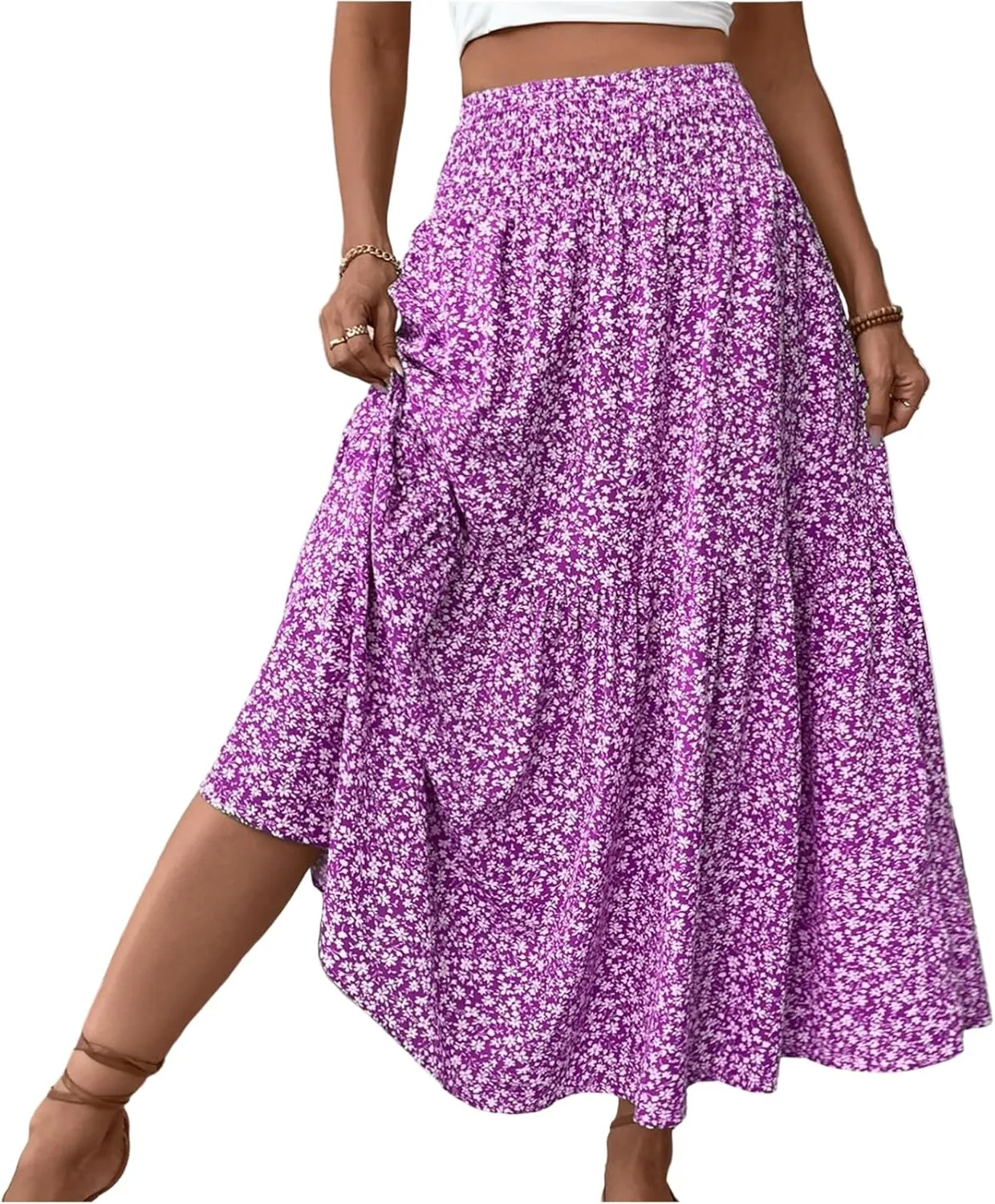 Women Summer Boho Floral Smocked Elastic High Waist Flowy Swing Pleated Maxi Skirts Vacation Printed A-Line Long Skirts