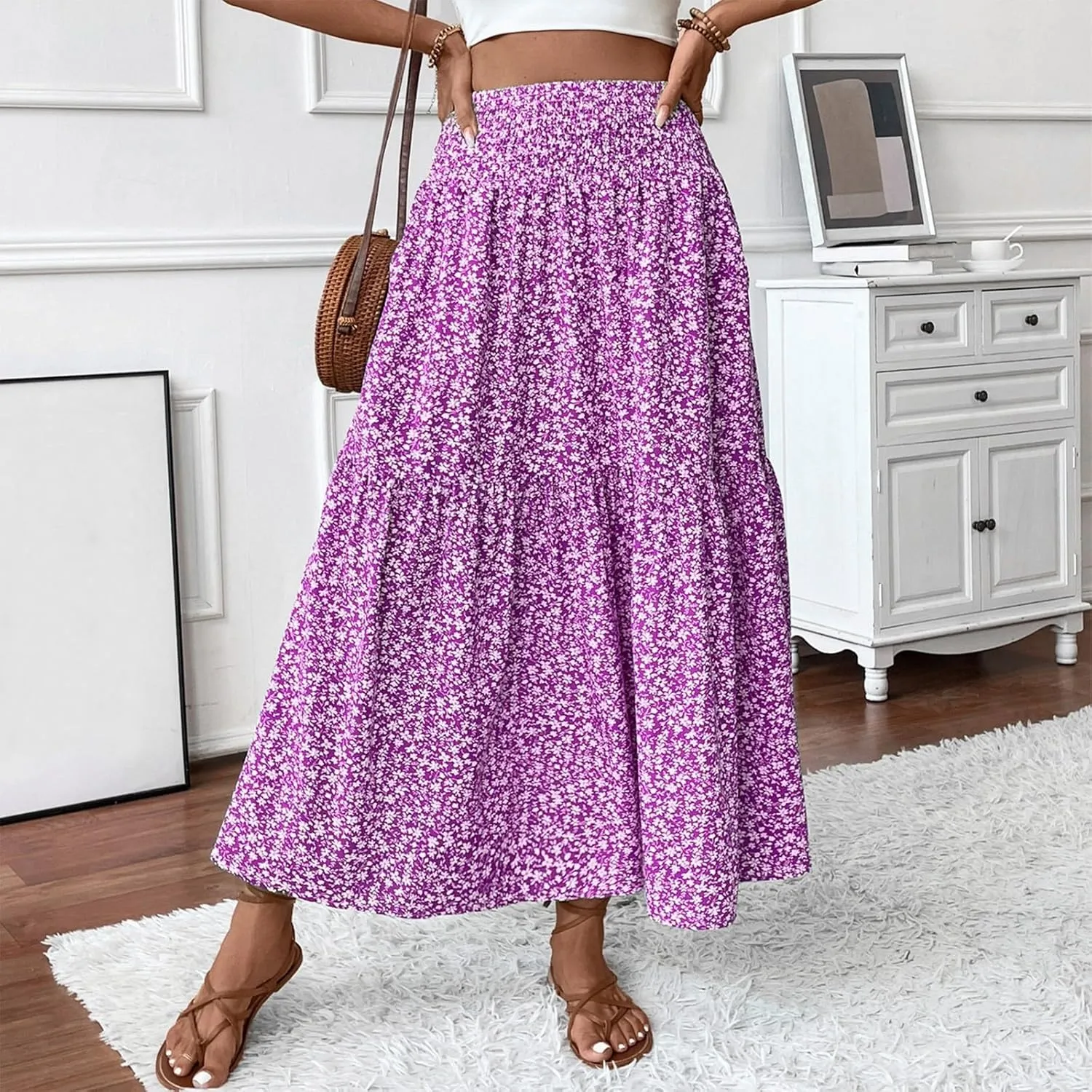 Women Summer Boho Floral Smocked Elastic High Waist Flowy Swing Pleated Maxi Skirts Vacation Printed A-Line Long Skirts