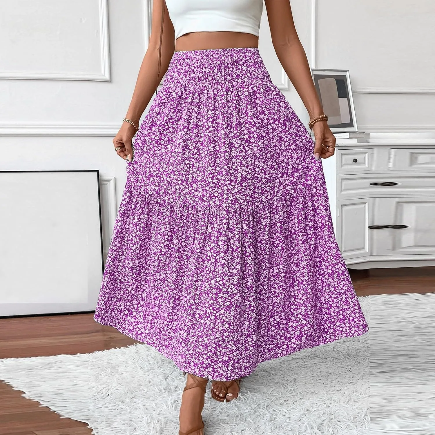 Women Summer Boho Floral Smocked Elastic High Waist Flowy Swing Pleated Maxi Skirts Vacation Printed A-Line Long Skirts