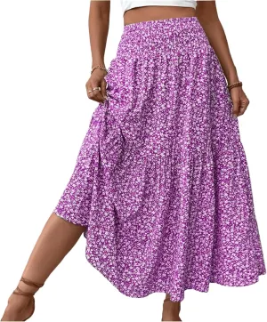 Women Summer Boho Floral Smocked Elastic High Waist Flowy Swing Pleated Maxi Skirts Vacation Printed A-Line Long Skirts