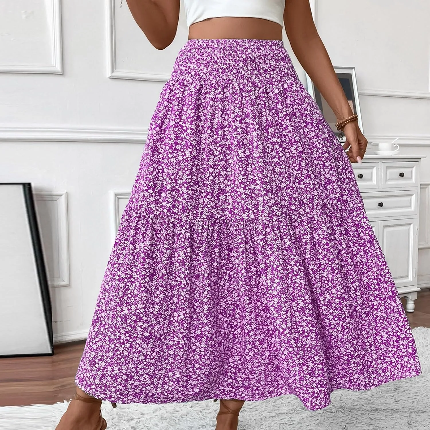 Women Summer Boho Floral Smocked Elastic High Waist Flowy Swing Pleated Maxi Skirts Vacation Printed A-Line Long Skirts