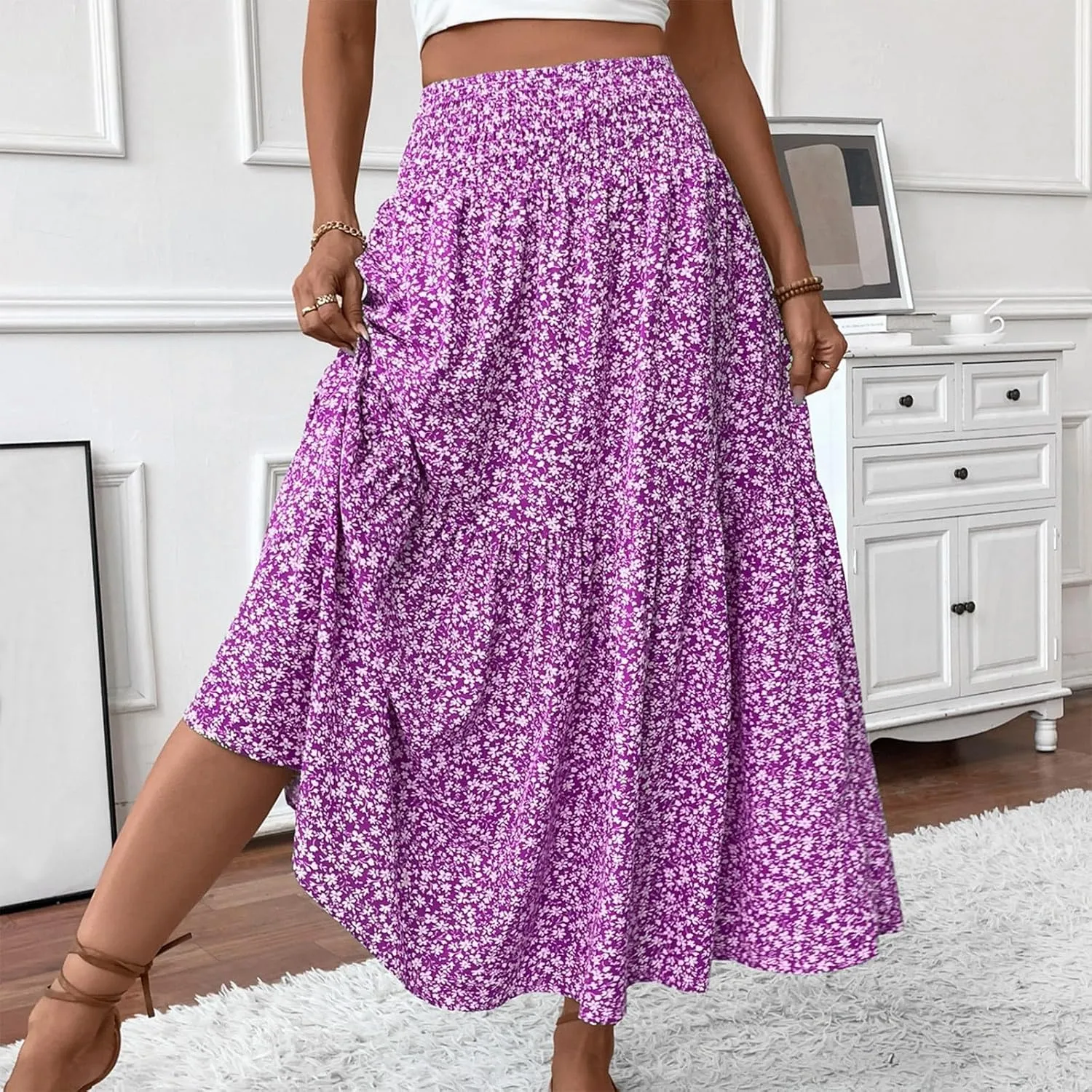 Women Summer Boho Floral Smocked Elastic High Waist Flowy Swing Pleated Maxi Skirts Vacation Printed A-Line Long Skirts