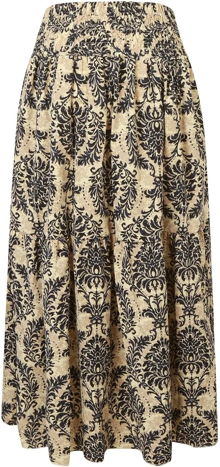 Women Summer Floral Maxi Skirt Boho Flowy Elastic High Waist Long Skirt Comfy Vacation Beach Color Block A-Line Skirts