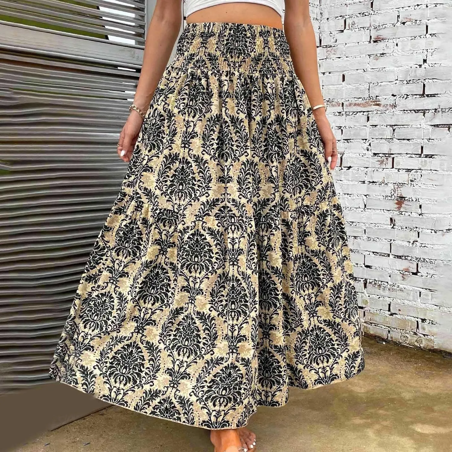 Women Summer Floral Maxi Skirt Boho Flowy Elastic High Waist Long Skirt Comfy Vacation Beach Color Block A-Line Skirts