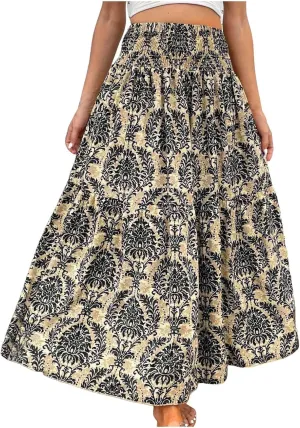 Women Summer Floral Maxi Skirt Boho Flowy Elastic High Waist Long Skirt Comfy Vacation Beach Color Block A-Line Skirts