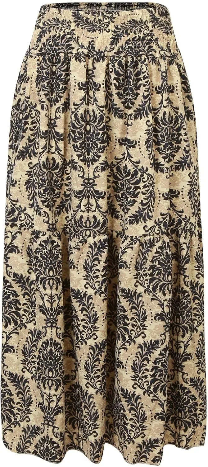 Women Summer Floral Maxi Skirt Boho Flowy Elastic High Waist Long Skirt Comfy Vacation Beach Color Block A-Line Skirts