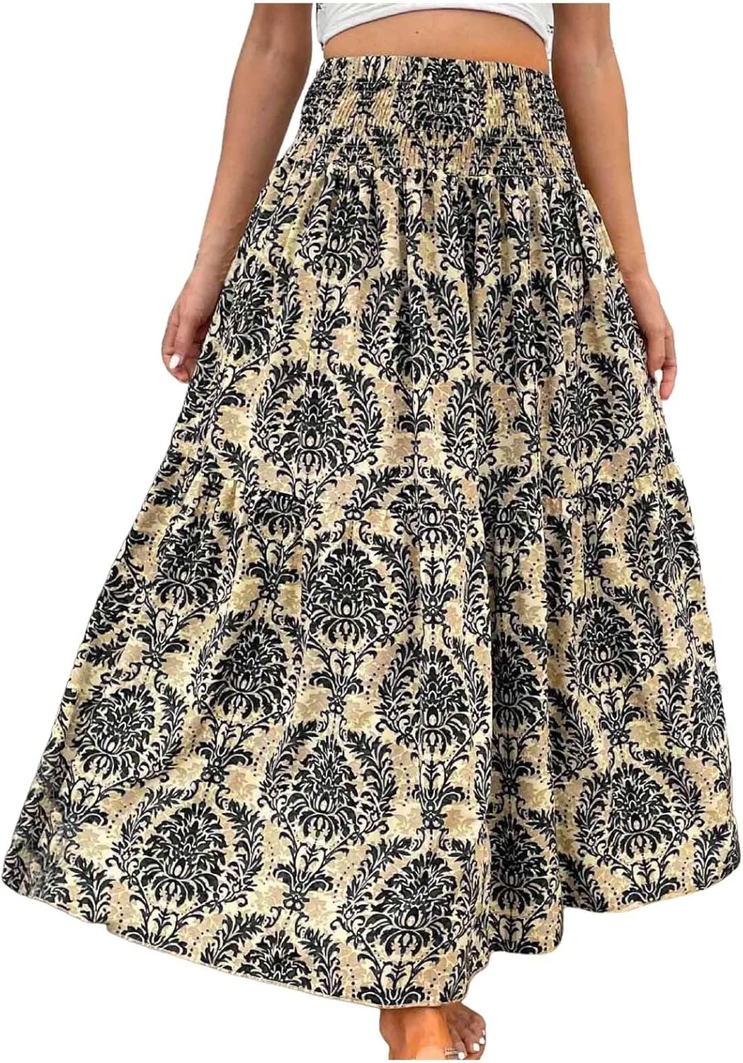 Women Summer Floral Maxi Skirt Boho Flowy Elastic High Waist Long Skirt Comfy Vacation Beach Color Block A-Line Skirts