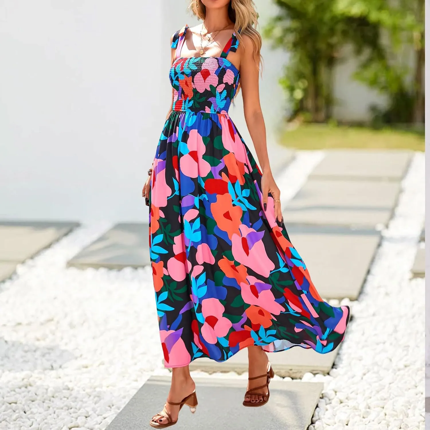 Women Summer Maxi Dress Trendy Floral Print Square Neck Strap Sleeveless Dresses Casual Tunic Pleated Beach Sundress