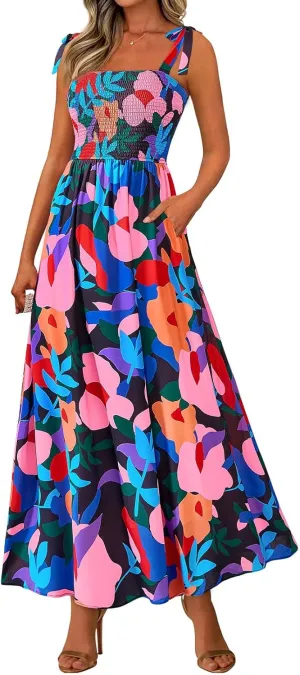 Women Summer Maxi Dress Trendy Floral Print Square Neck Strap Sleeveless Dresses Casual Tunic Pleated Beach Sundress