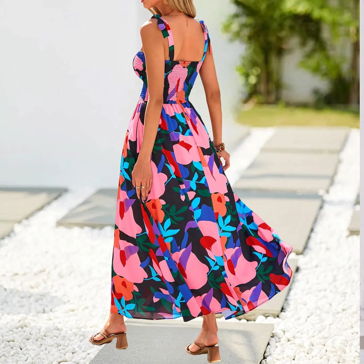 Women Summer Maxi Dress Trendy Floral Print Square Neck Strap Sleeveless Dresses Casual Tunic Pleated Beach Sundress