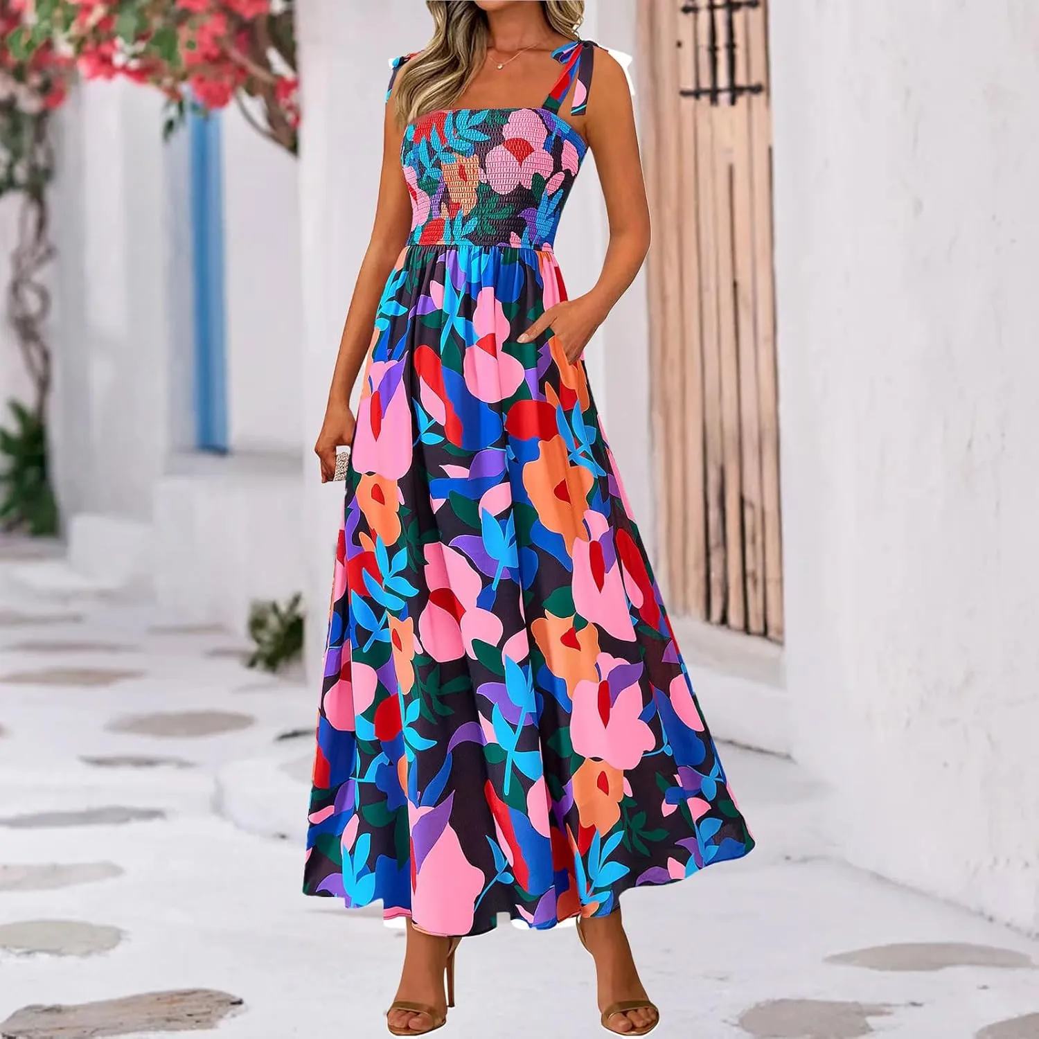 Women Summer Maxi Dress Trendy Floral Print Square Neck Strap Sleeveless Dresses Casual Tunic Pleated Beach Sundress