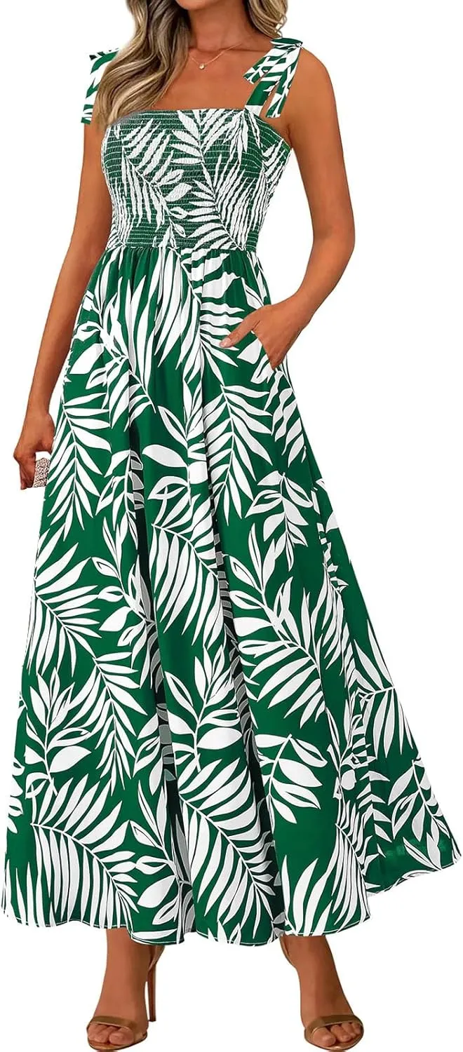 Women Summer Maxi Dress Trendy Floral Print Square Neck Strap Sleeveless Dresses Casual Tunic Pleated Beach Sundress